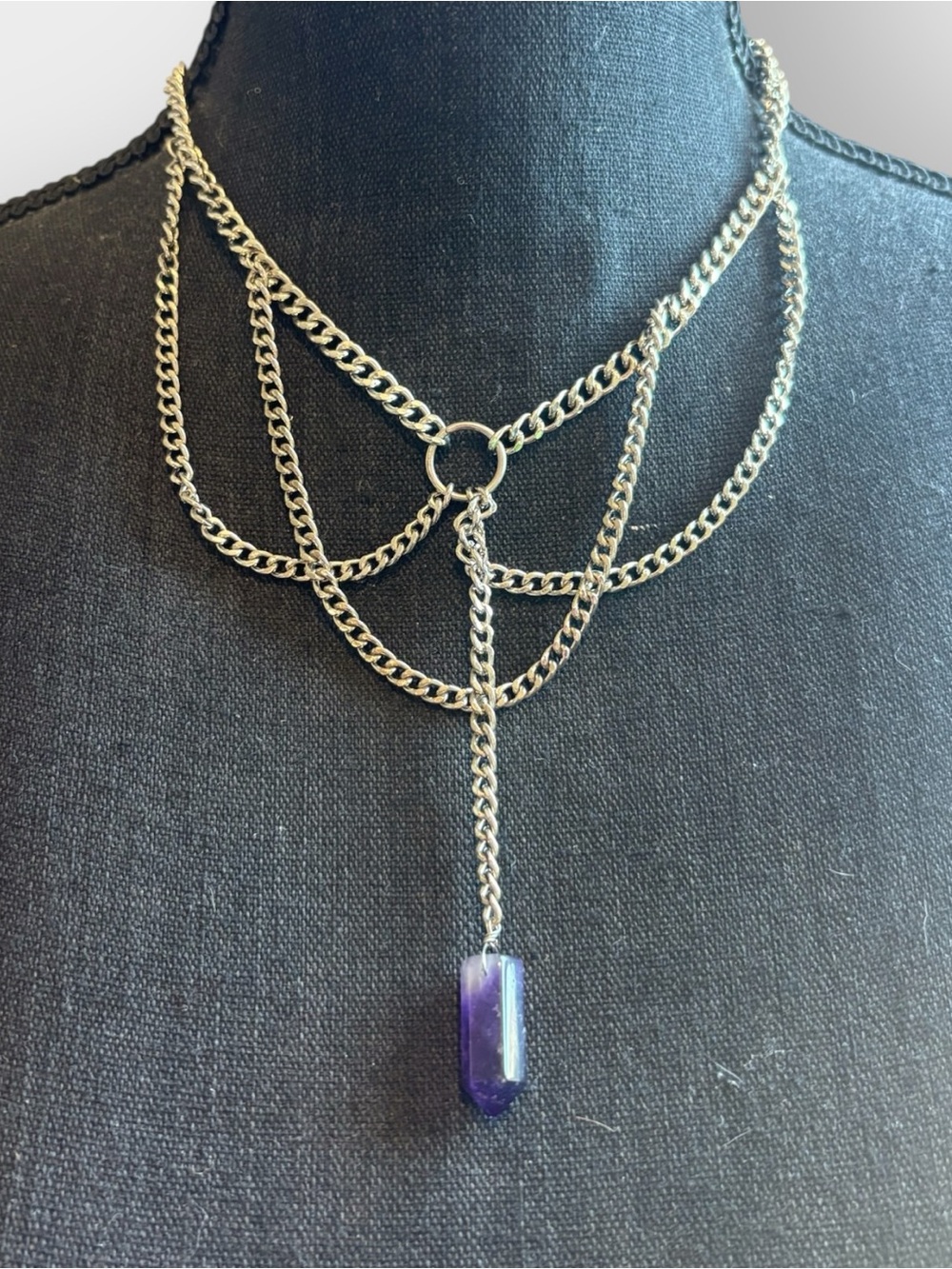 Layered Silver Chain Necklace with Purple Crystal Pendant - Boho Chic, Witchy